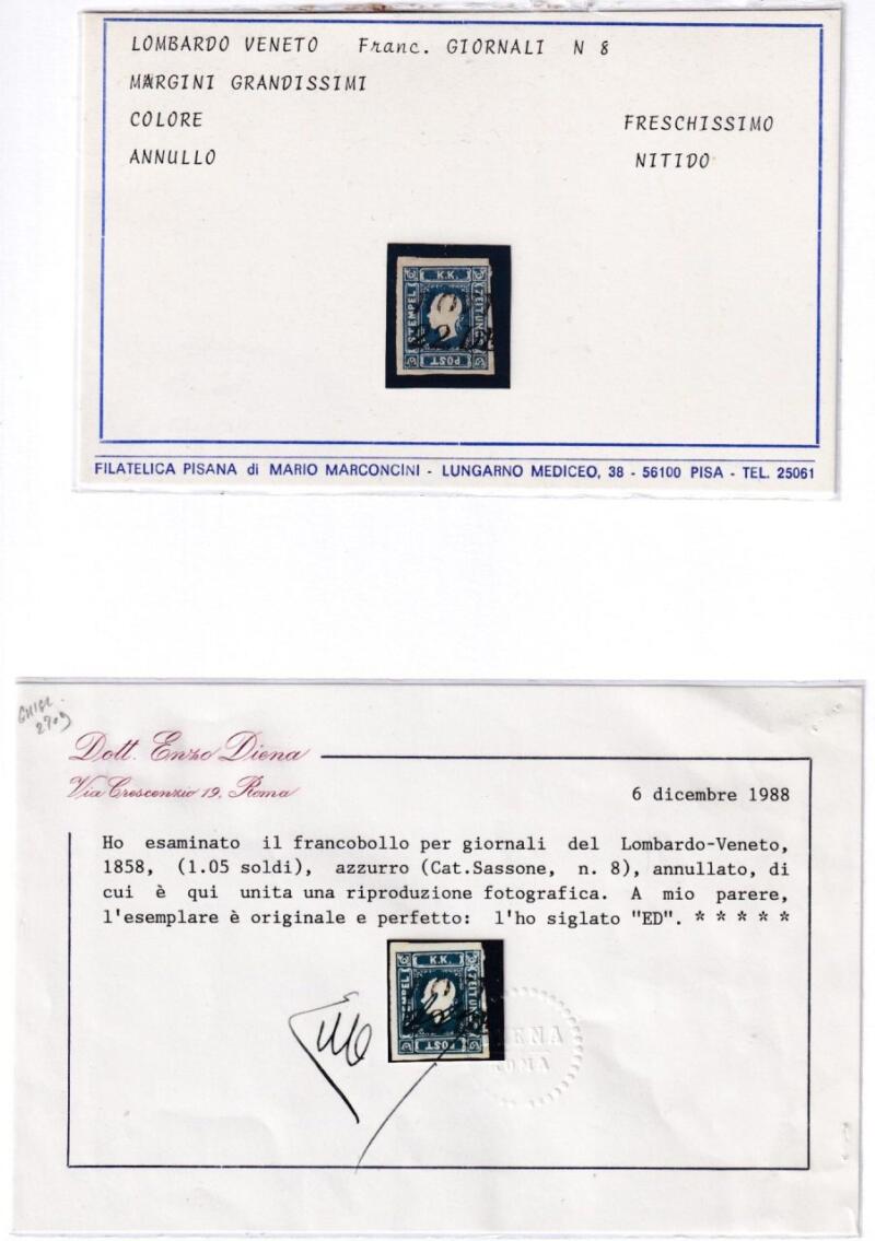Francobollo per giornali Lombardo Veneto – Anno 1858 Soldi 1,05 azzurro (cat. n. 8)