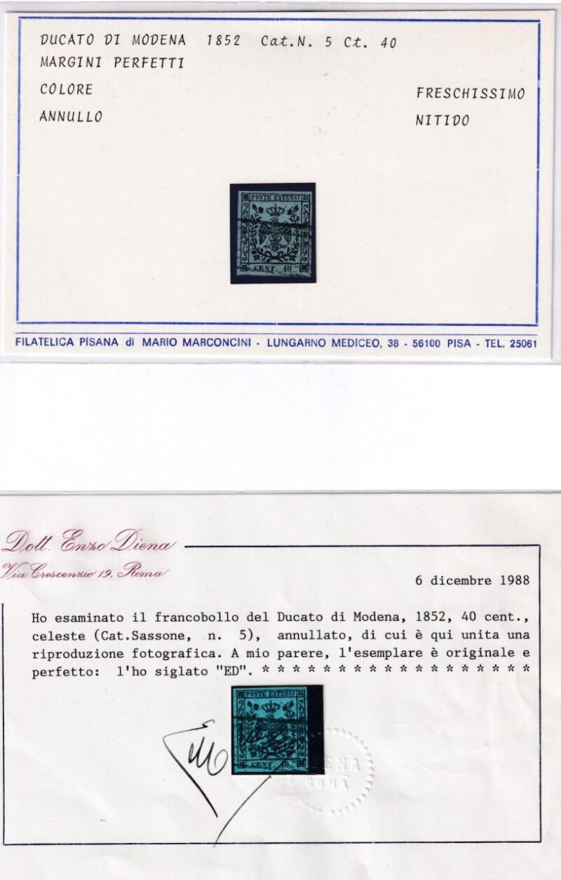 Ducato di Modena – Anno 1852 Centesimi 40 celeste (cat. n. 5)