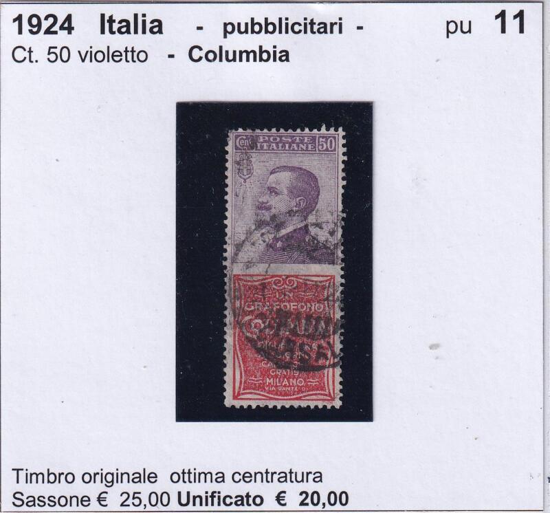 Francobollo Regno d’Italia – Pubblicitari Columbia Anno 1924 Centesimi 50 violetto