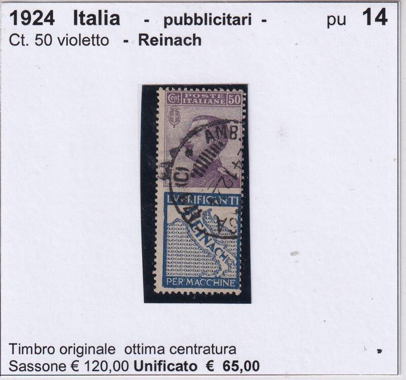 Francobollo Regno d’Italia – Pubblicitari Reinach Anno 1924 Centesimi 50 violetto