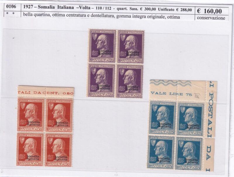 Francobolli Colonie Italiane Somalia Italiana Anno 1927 Quartine Serie completa Volta Soprastampati Somalia Italiana (cat. n. 110-112)