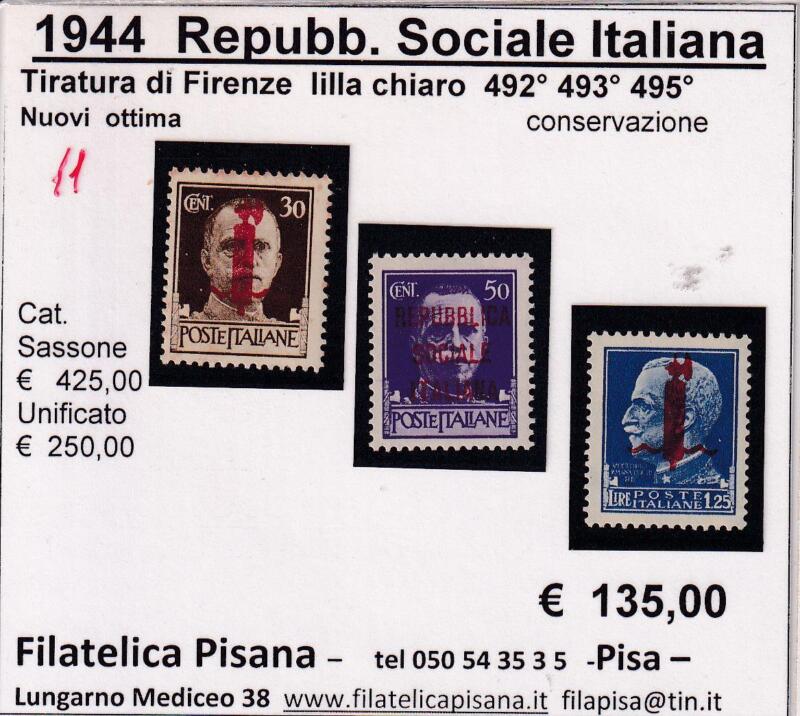 Francobolli Repubblica Sociale Italiana Anno 1944 Serie Imperiale Sovrastampati Fascetto (cat. n. 492, 493, 495)