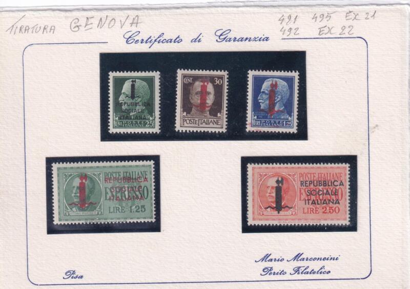 Francobolli Repubblica Sociale Italiana Anno 1944 Serie Ordinaria Soprastampati Fascetto + Espressi (cat. n. 491, 492, 495 + ex n. 21-22)