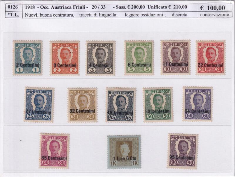 Francobolli Occupazione Austriaca del Friuli Anno 1918 Serie completa Soprastampati (cat. n. 20-33)