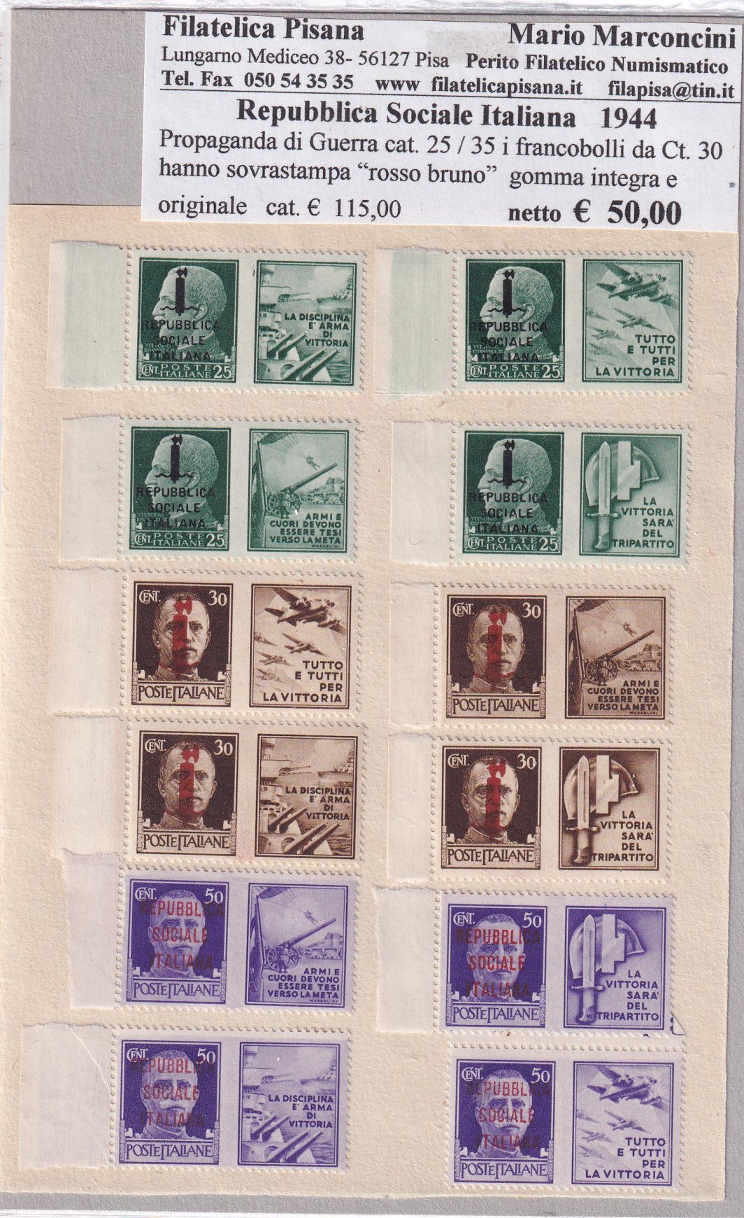 Francobolli Repubblica Sociale Italiana Anno 1944 Serie Propaganda di Guerra Soprastampati (cat. n. 25-35)