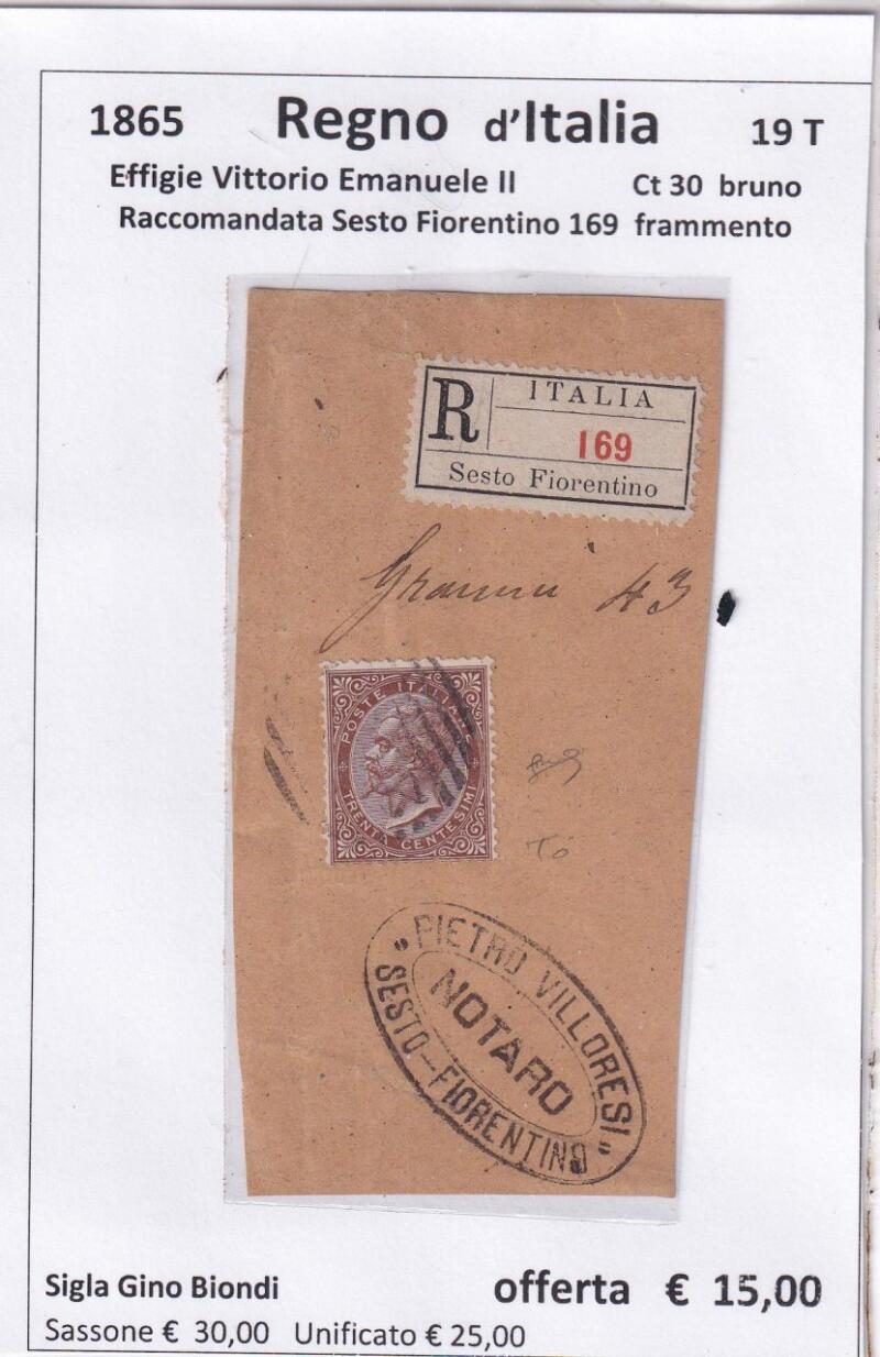Francobollo Regno d’Italia Anno 1865 Serie Effigie Vittorio Emanuele II Centesimi 30 bruno (cat. n. 19T)