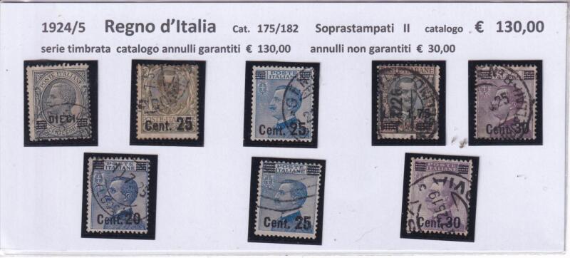 Francobolli Regno d’Italia Anno 1924-1925 Serie ordinaria Soprastampati II (cat. n. 175-182)