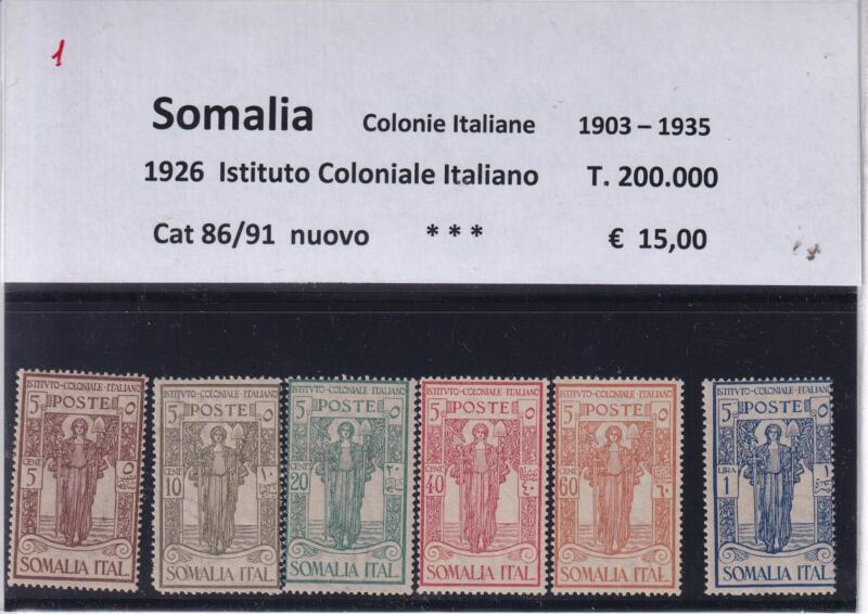 Francobolli Colonie Italiane Somalia Anno 1926 Serie completa Istituto Coloniale Italiano (cat. n. 86-91)