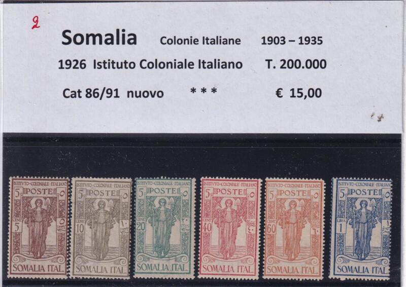 Francobolli Colonie Italiane Somalia Anno 1926 Serie completa Istituto Coloniale Italiano (cat. n. 86-91)