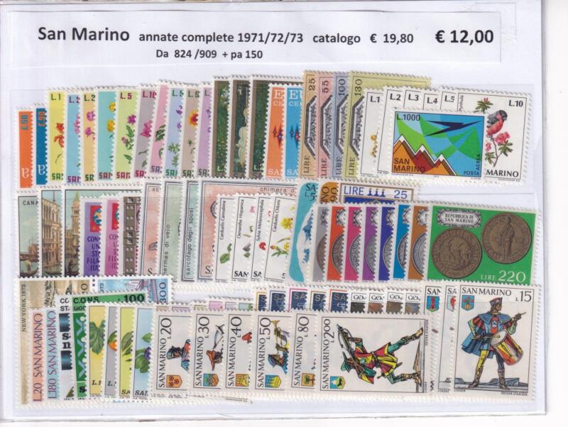 Francobolli San Marino Annate complete 1971, 1972, 1973 Tematiche Natale, Quadri, Flora, Fauna, Vedute, Aerei, Uniformi, Europa