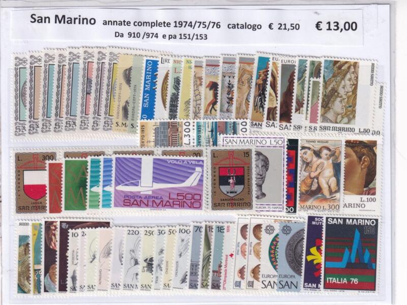 Francobolli San Marino Annate complete 1974, 1975, 1976 + Posta Aerea Tematiche Stemmi, Quadri, Europa, Natale, Aerei, Vedute