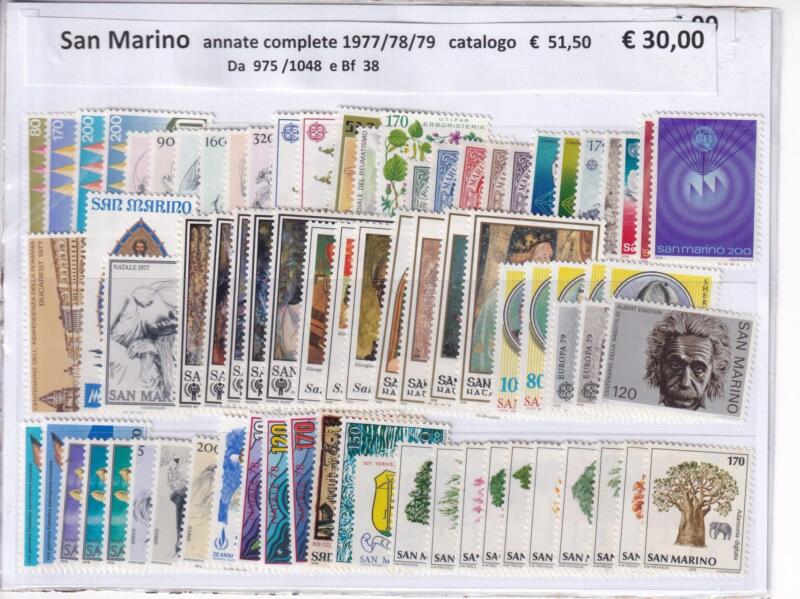 Francobolli San Marino Annate complete 1977, 1978, 1979 + Foglietto Tematiche Europa, Fauna, Flora, Personaggi Illustri, Quadri