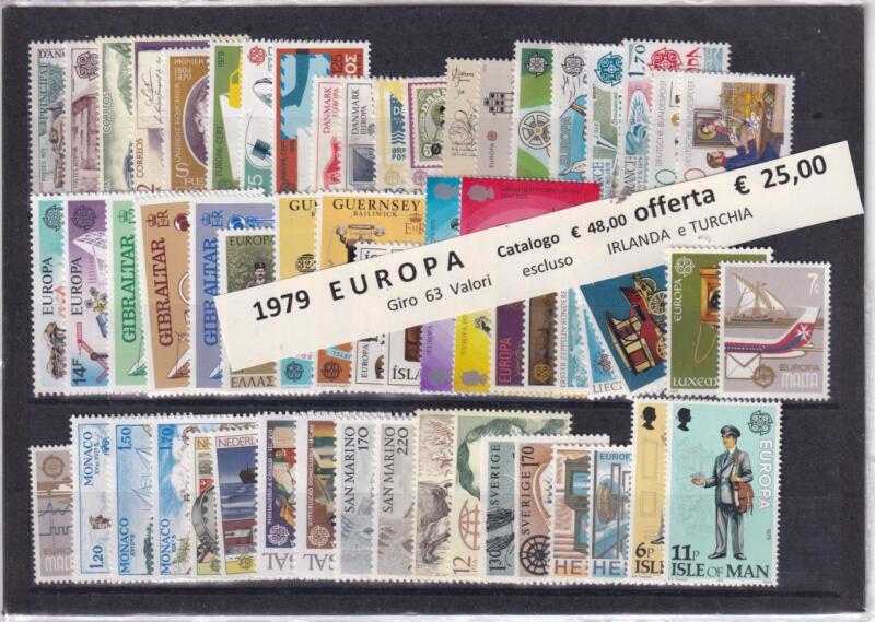 Francobolli Giro Europa n. 63 valori escluso Irlanda e Turchia Anno 1979 Tematica Europa