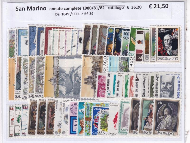 Francobolli San Marino Annate complete 1980, 1981, 1982 + Foglietto Tematiche Europa, Personaggi Illustri, Quadri, Natale, Vedute