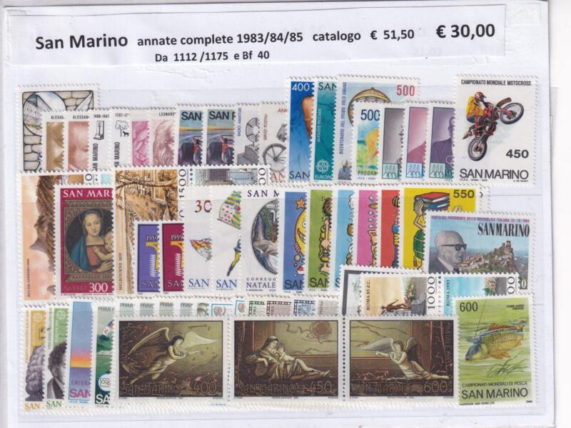 Francobolli San Marino Annate complete 1983, 1984, 1985 + Foglietto Tematiche Europa, Personaggi Illustri, Quadri, Natale, Vedute, Auto, Moto