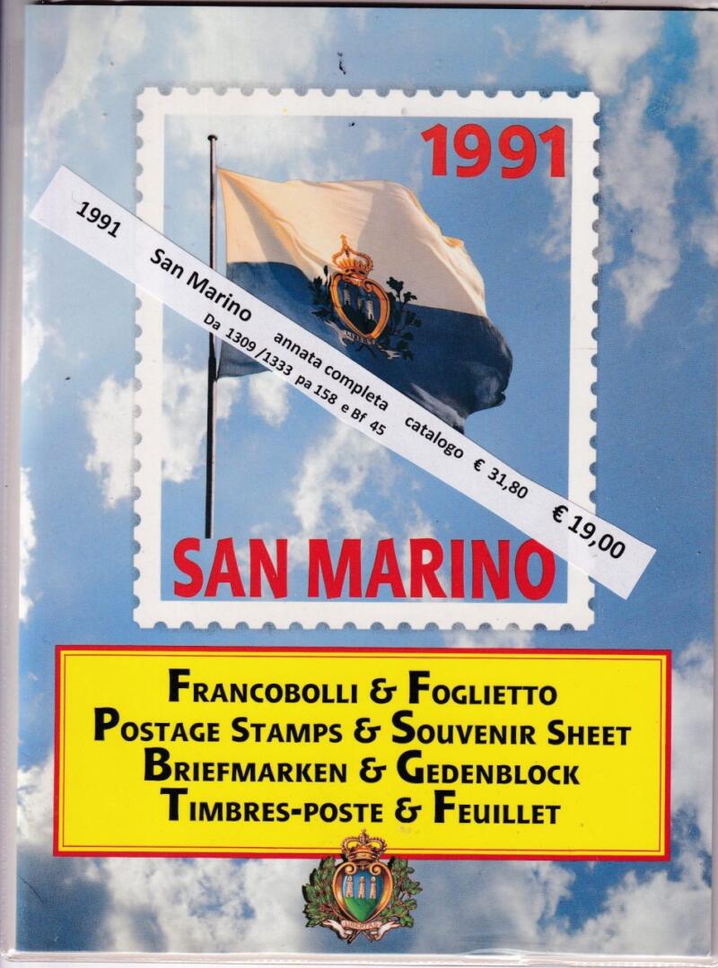 Folder con Francobolli e Foglietto San Marino Annata completa 1991 Tematiche Personaggi Illustri, Colombo, Natale, Vedute, Sport, Fauna, Europa, Spazio