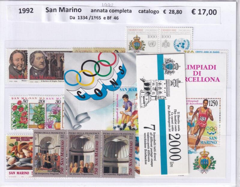 Francobolli e Foglietto e Libretto San Marino Annata completa 1992 Tematiche Personaggi Illustri, Rossini, Hertz, Colombo, Quadri, Natale, Vedute, Sport, Olimpiadi, Europa, Flora, Funghi