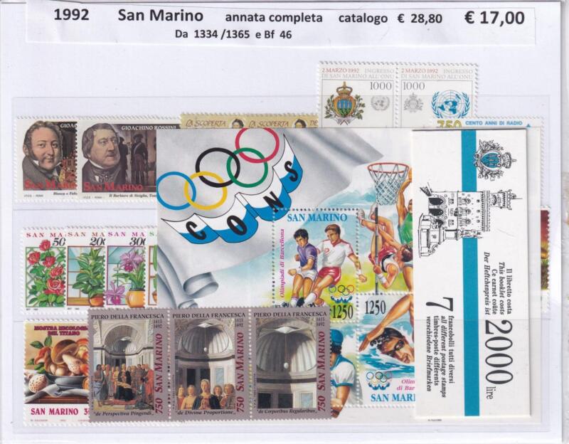 Francobolli e Foglietto e Libretto San Marino Annata completa 1992