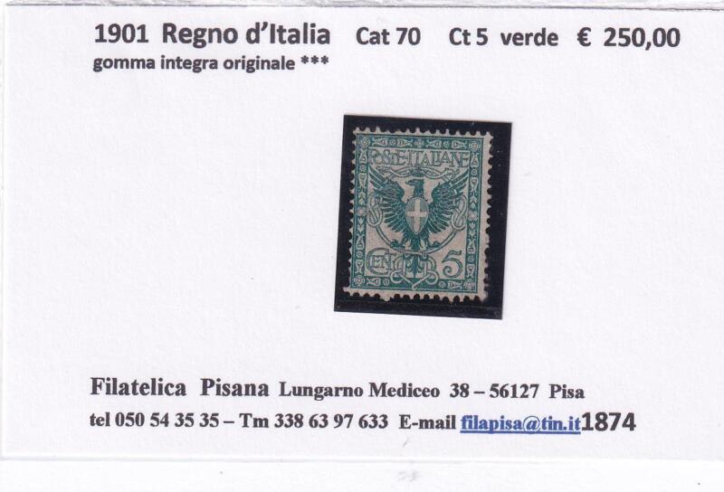 Francobollo Regno d’Italia Anno 1901 Stemma Aquila Sabauda Centesimi 5 verde (cat. n. 70)