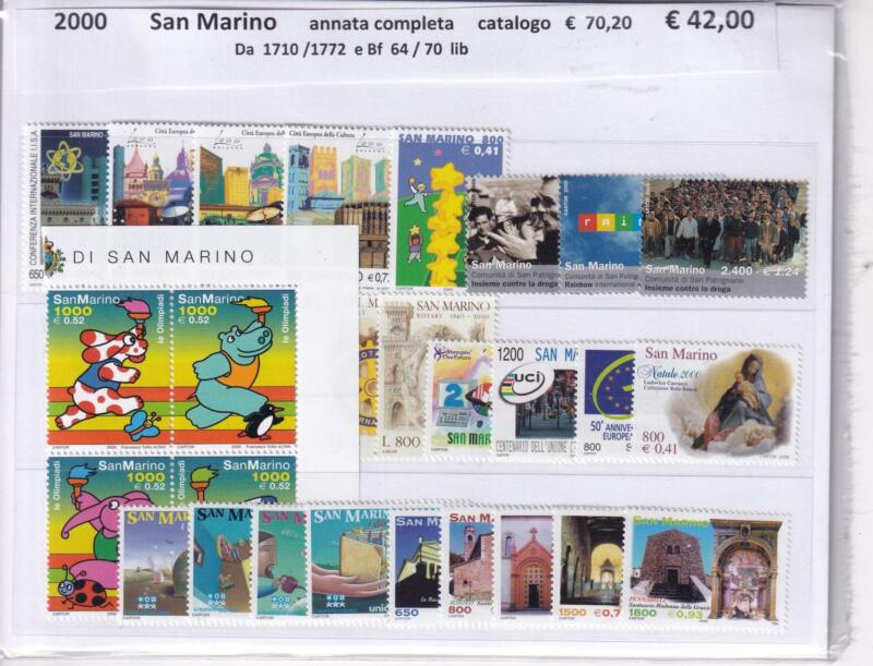 Francobolli e Foglietti San Marino Annata completa 2000 Tematiche Natale, Vedute, Sport, Europa