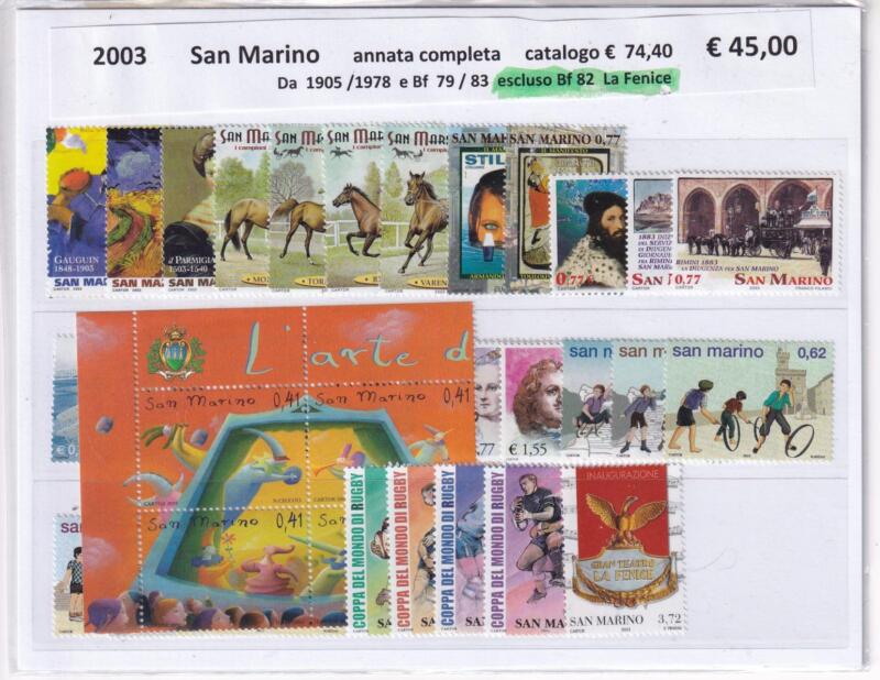 Francobolli e Foglietti San Marino Annata completa 2003 escluso Foglietto La Fenice Tematiche Natale, Vedute, Sport, Europa, Fauna, Cavalli, Quadri, Aerei