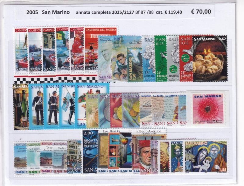 Francobolli e Foglietti San Marino Annata completa 2005 Tematiche Natale, Vedute, Sport, Europa, Auto, Ferrari, Personaggi Illustri, Gastronomia, Uniformi