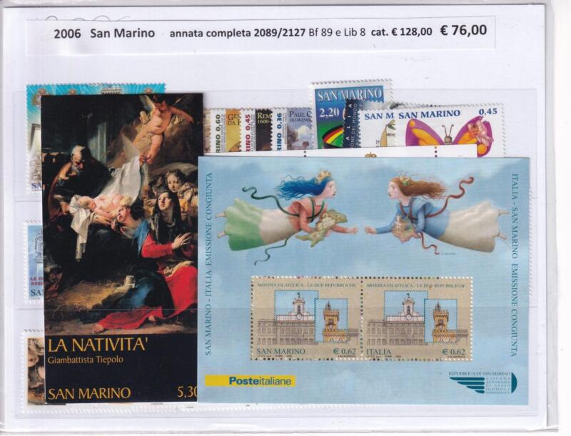 Francobolli, Libretto e Foglietto San Marino Annata completa 2006 Tematiche Quadri, Personaggi Illustri, Monumenti e Vedute, Natale, Sport, Olimpiadi, Europa, Università