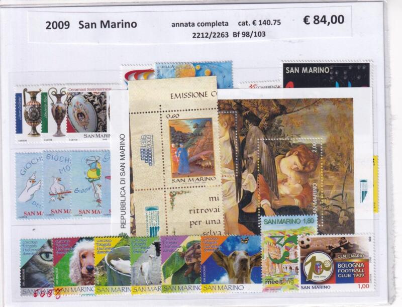 Francobolli e Foglietti San Marino Annata completa 2009 Tematiche Natale, Quadri, Sport, Fauna, Cani, Gatti, Cavalli, Personaggi Illustri