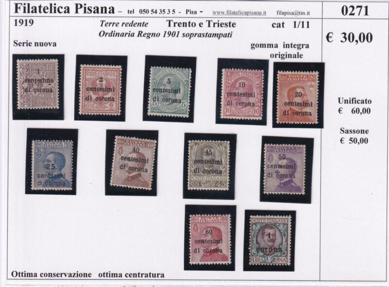 Francobolli Trento e Trieste Emissioni Generali Anno 1919 Serie Ordinaria Regno d'Italia 1901 Soprastampati (cat. n. 1-11)
