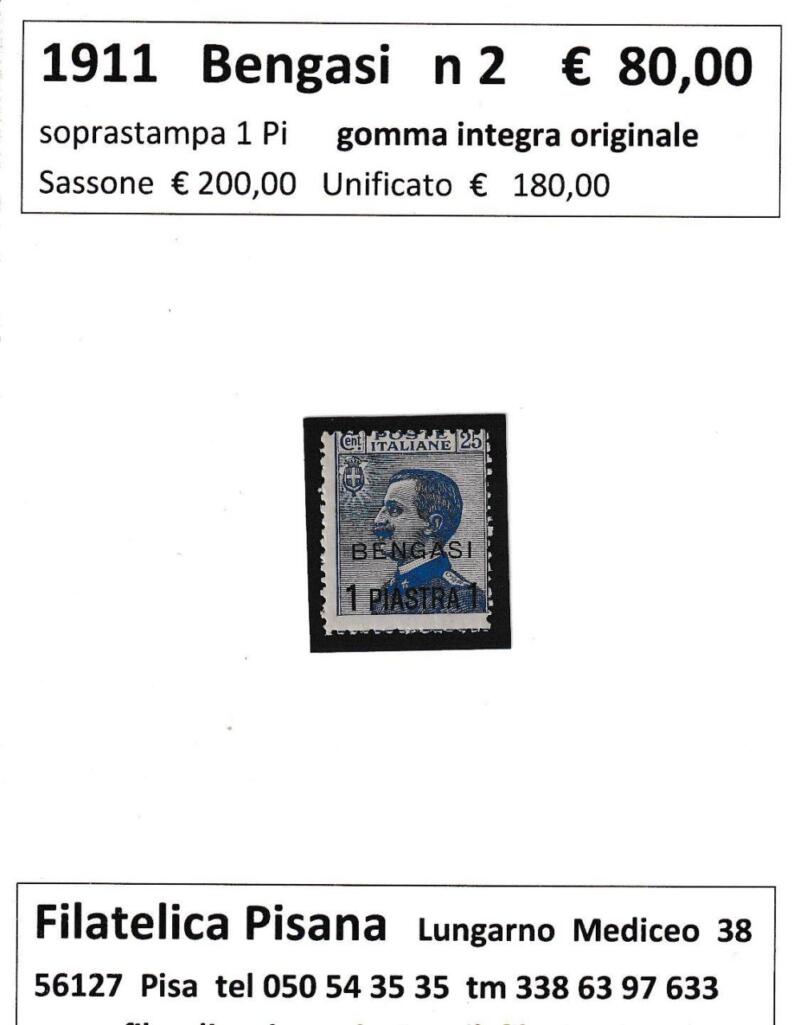 Francobollo Colonie Italiane Bengasi Anno 1911 Serie Effigie Michetti Centesimi 25 azzurro Soprastampato Bengasi 1 Piastra (cat. n. 2)