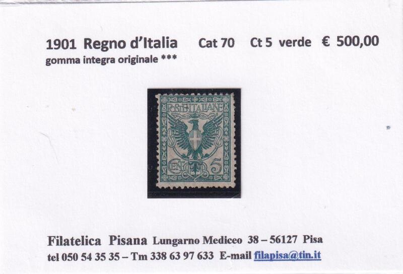 Francobollo Regno d’Italia Anno 1901 Stemma Aquila Sabauda Centesimi 5 verde (cat. n. 70)