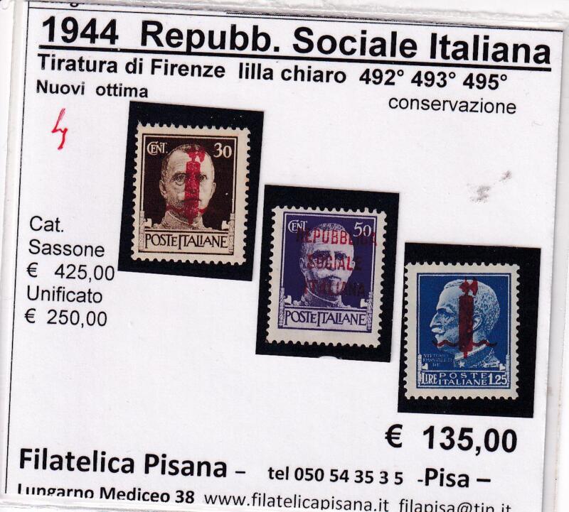 Francobolli Repubblica Sociale Italiana Anno 1944 Serie Imperiale Sovrastampati Fascetto (cat. n. 492, 493, 495)