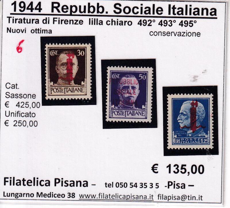 Francobolli Repubblica Sociale Italiana Anno 1944 Serie Imperiale Sovrastampati Fascetto (cat. n. 492, 493, 495)