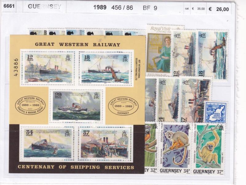 Francobolli e Foglietto Guernsey Annata completa 1989 Tematiche Quadri Fauna Navi