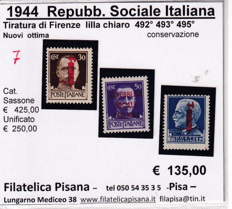Francobolli Repubblica Sociale Italiana Anno 1944 Serie Imperiale Sovrastampati Fascetto (cat. n. 492, 493, 495)