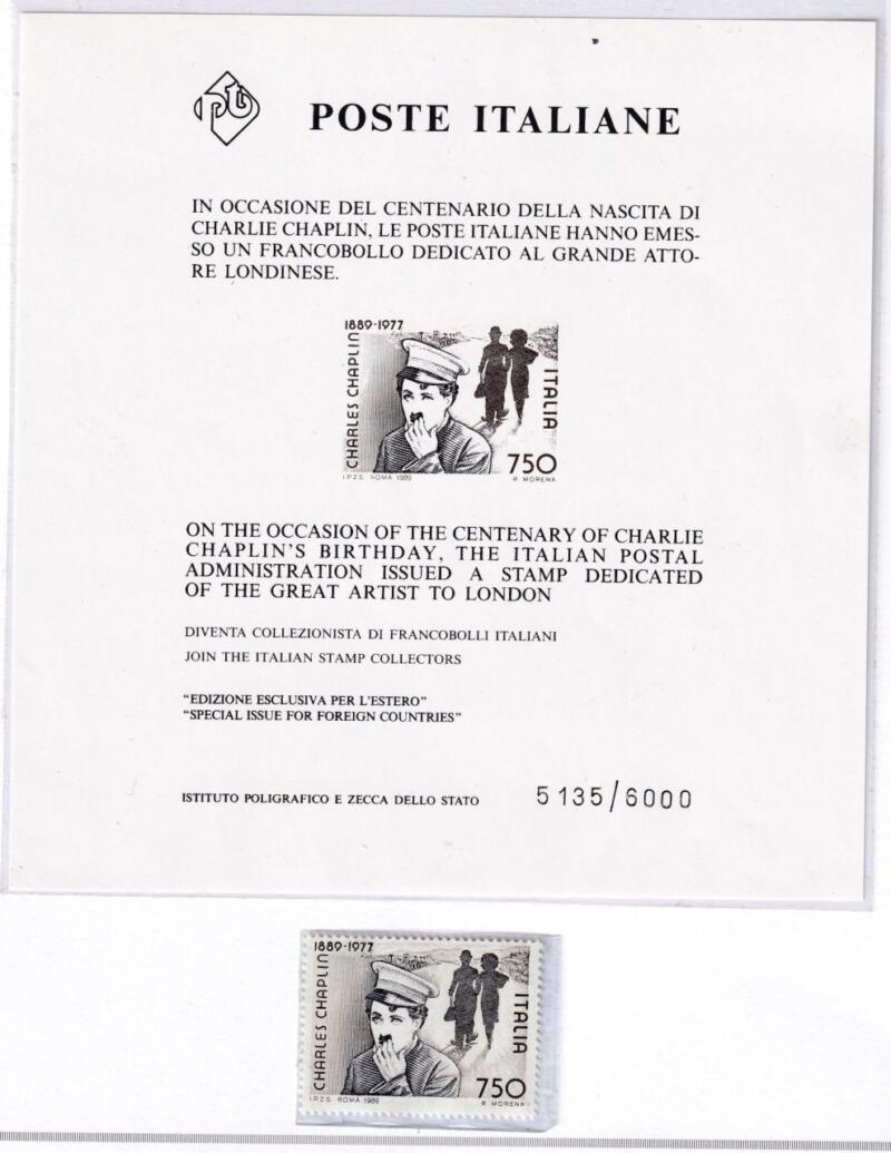 Foglietto Italia Repubblica Anno 1989 Charles Chaplin Edizione Esclusiva per l'Estero (cat. n. C2)