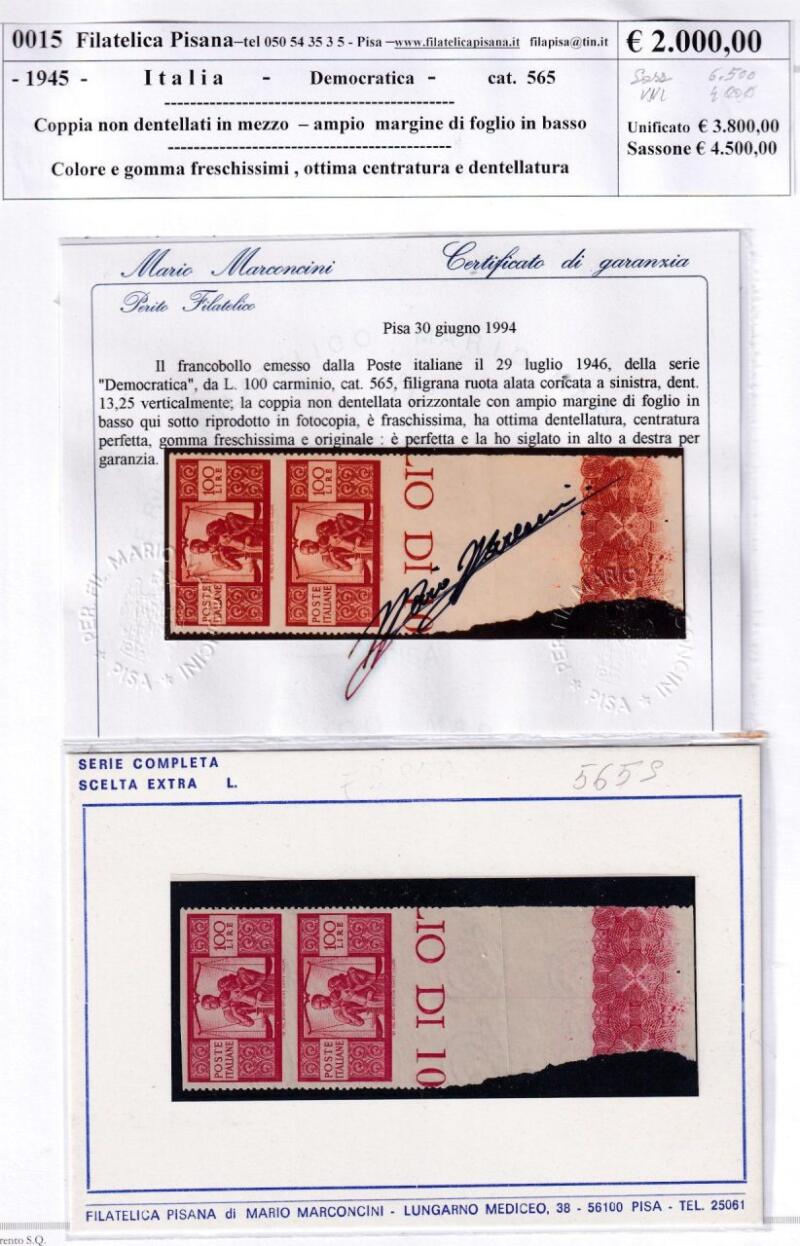 Francobolli Italia Repubblica Anno 1945 Coppia Serie Democratica Lire 100 carminio (cat. n. 565) VARIETA' di dentellatura con Certificato