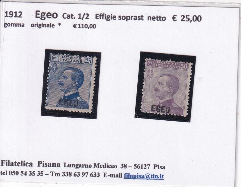Francobolli Colonie Italiane Egeo Anno 1912 Serie Effigie Michetti Soprastampati (cat. n. 1-2)