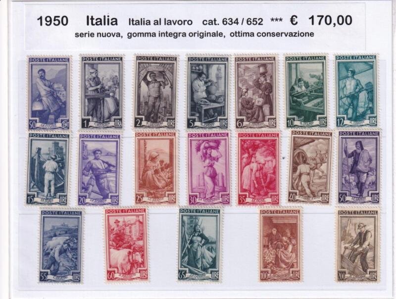 Francobolli Italia Repubblica Anno 1950 Serie completa Italia al Lavoro Filigrana Ruota alata (cat. n. 634-652)