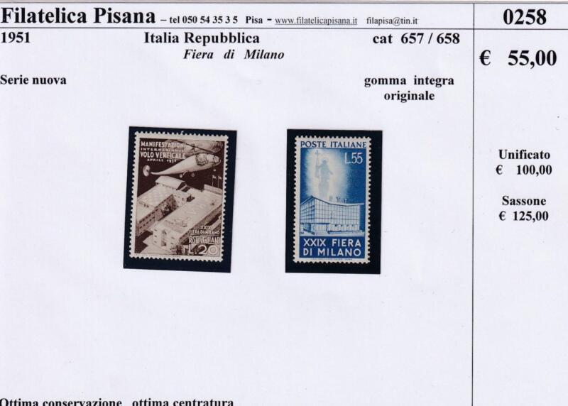 Francobolli Italia Repubblica Anno 1951 Serie completa XXIX Fiera Milano (cat. n. 657-658)