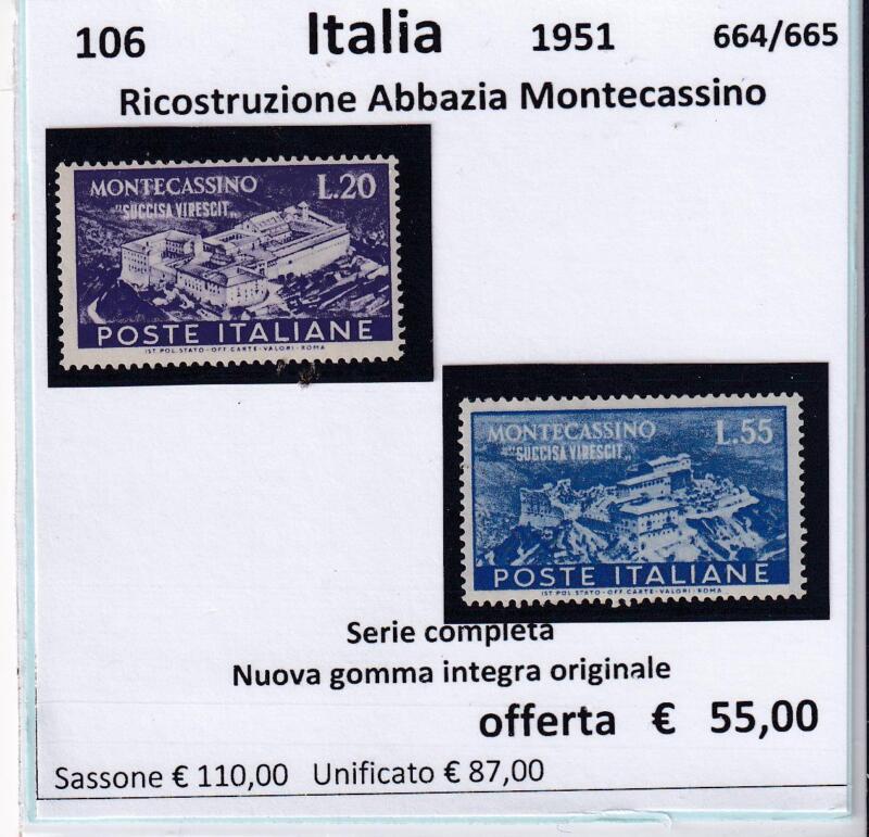 Francobolli Italia Repubblica Anno 1951 Serie completa Ricostruzione Abbazia Montecassino (cat. n. 664-665)