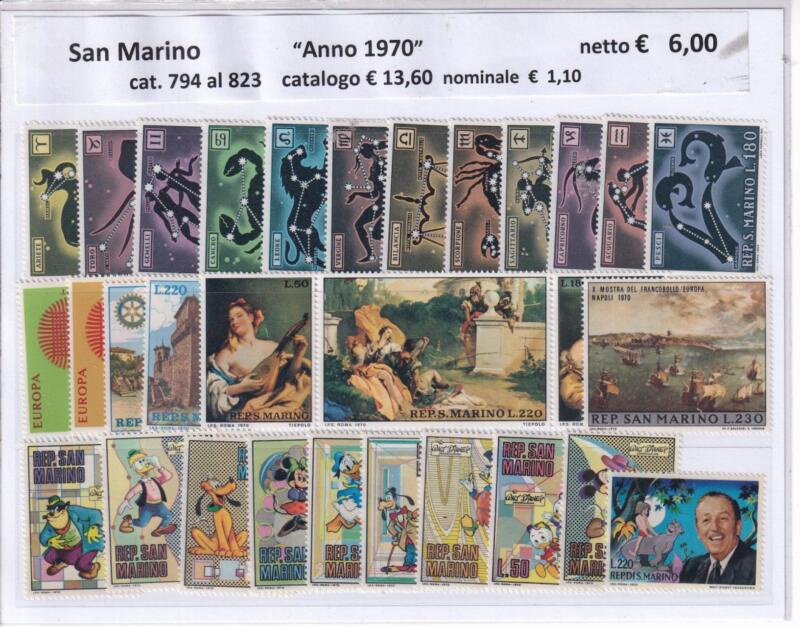 Francobolli San Marino Annata completa 1970 Tematiche Quadri Disney Europa Zodiaco