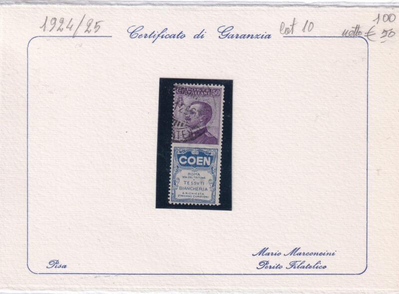 Francobollo Regno d’Italia – Pubblicitari Coen Anno 1924 Centesimi 50 viola bruno