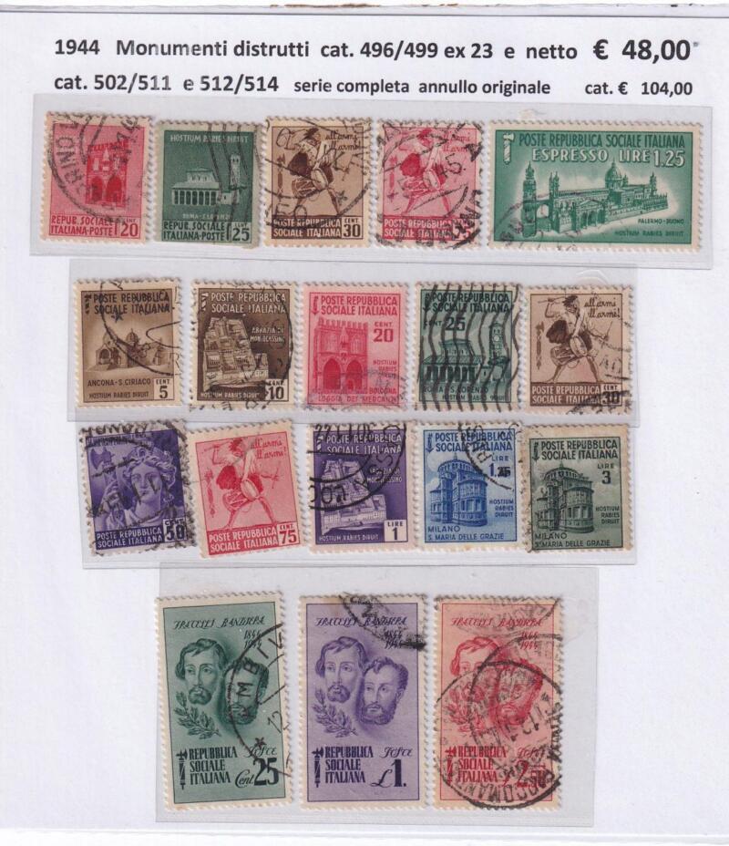 Francobolli Repubblica Sociale Italiana Anni 1944-1945 Serie Ordinaria completa + Serie Fratelli Bandiera + Espresso lire 1,25 (cat. n. 496-499, 502-514, ex n. 23)