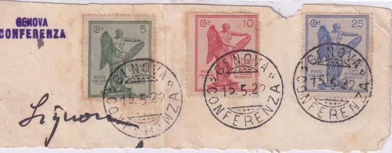 Francobolli Regno d’Italia Anno 1921 Serie Vittoria Centesimi 5 verde, Centesimi 10 rosso, Centesimi 25 oltremare (cat. n. 119,120,122) Annullo speciale su frammento