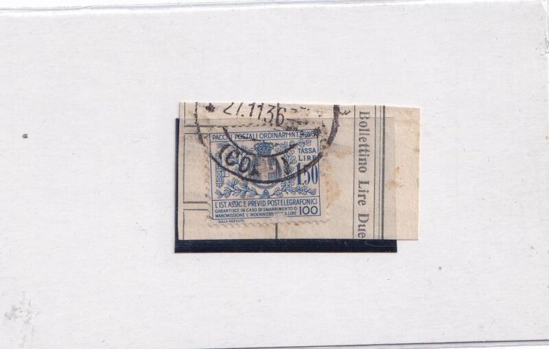 Francobollo Regno d’Italia Anno 1936 Pacchi Ordinari Interno Lire 1,50 azzurro (cat. n. 24)