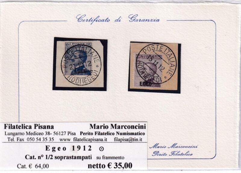 Francobolli Occupazione Italiana Isole dell’Egeo Anno 1912 Serie Michetti Regno d’Italia Centesimi 25 azzurro e Centesimi 50 lilla Soprastampati Egeo (cat. n. 1-2)