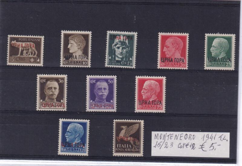 Francobolli Occupazione Italiana all'Estero Montenegro Anno 1941 Francobolli Serie Imperiale + Posta Aerea Soprastampati CRNA GORA  (cat. n. 15-23 + PA n. 9)