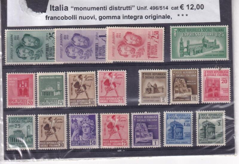 Francobolli Repubblica Sociale Italiana Anni 1944-1945 Serie Ordinaria completa Monumenti distrutti + Serie Fratelli Bandiera + Espresso lire 1,25 (cat. n. 496-499, 502-514, ex n. 23)
