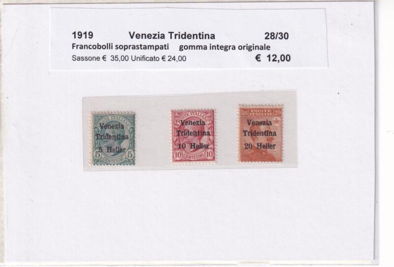 Francobolli Venezia Tridentina Anno 1919 Francobolli Regno d'Italia Leoni e Michetti Soprastampati (cat. n. 28-30)